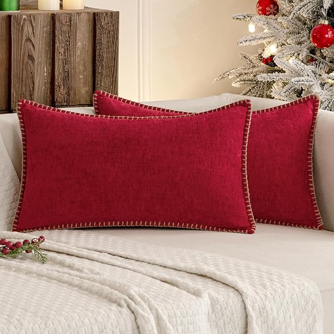 MIULEE Pack of 2 Christmas Pillow Covers 12x20 Inch Red Farmhouse Decorative Throw Pillow Covers with Stitched Edge Soft Chenille Solid Dyed Couch Pillow Covers for Sofa Bed Living Room-Ruum Studio Home