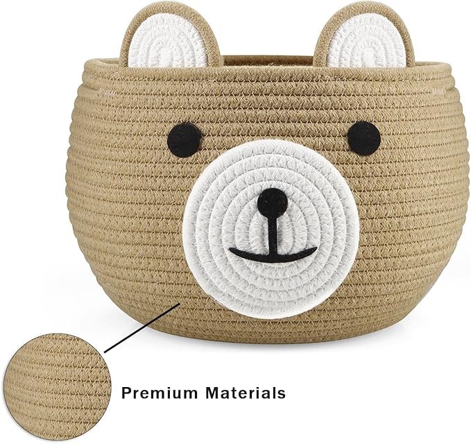 PandaEar Cotton Rope Baby Basket, Baby Gift Basket Nursery Laundry Organizer with Cute Bear Design for Storage Infant Newborn Essentials, Diaper Caddy with Handle (Brown)-Ruum Studio Home