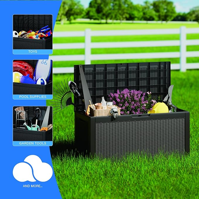 100 Gallon Double-Wall Resin Deck Box - Lockable Waterproof Outdoor Storage Box, 1000lbs Capacity & Doubles as Seating for Patio Furniture - Garden Tools, Pool Accessories (Black)-Ruum Studio Home