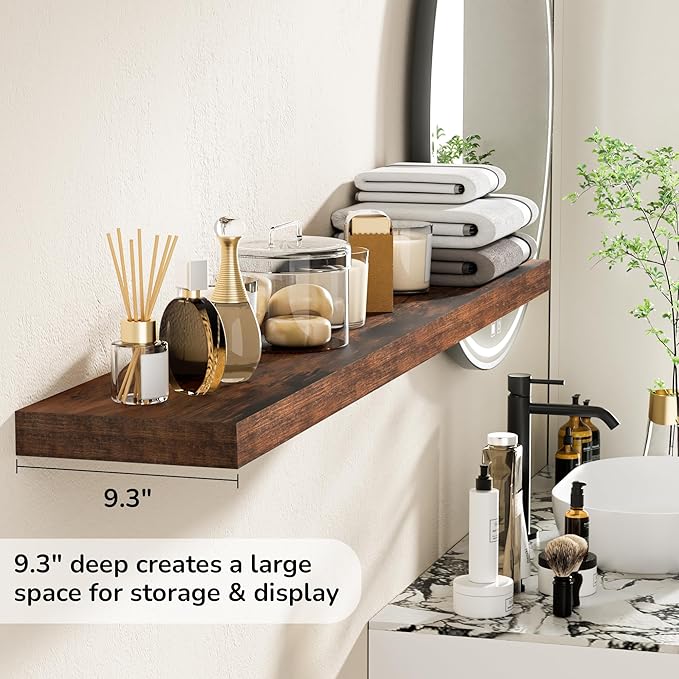 Fun Memories 55 Inch Floating Shelves - 9 Inch Deep Rustic Wooden Wall Shelves - Extra Deeper & Thicker Wall Mounted Storage Shelf for Living Room, Kitchen, Farmhouse - 55" W x 9" D x 1.8" H - Brown-Ruum Studio Home