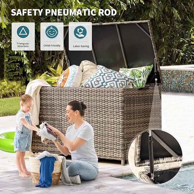 178 Gallon Outdoor Storage Box, Patio Deck Box with 2 Wheels, Handle Large Portable Wicker Rattan Deck Box for Patio Furniture Cushions, Throw Pillows, Garden Tools and Pool Floats (Gray)-Ruum Studio Home