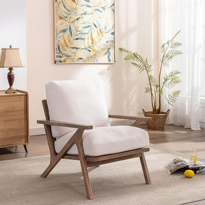 Wahson Mid Century Chair, Upholstered Accent Armchair, with Wood Frame and Removable Linen Cushions, Leisure Slipper Chair for Living Room/Bedroom, Cream-Ruum Studio Home
