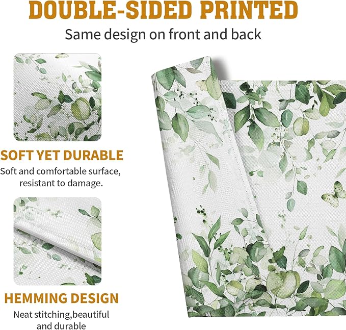 Sage Green Leaf Placemats Set of 4 Eucalyptus Leaves Place Mats 12×18 Inch Spring Summer Rustic Vintage Farmhouse Washable Linen Fabric Table Mats for Party Kitchen Dining Outdoor Indoor Decor-Ruum Studio Home