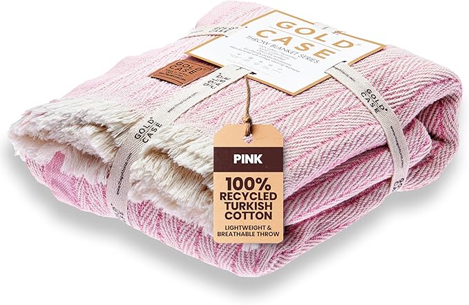 Gold Case Throw Blanket for Couch – 100% Recycled Turkish Cotton Blankets & Throws – Elegant Decorative Throw Blankets for Living Room Sofa – Woven Throws for Couch – Vintage Pink – 60x80-Ruum Studio Home
