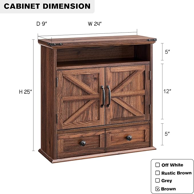 Bathroom Wall Cabinet, Farmhouse Medicine Cabinet, 24" Wide Cabinet with Drawer, Adjustable Shelf, Double Barn Doors, Storage Cabinet for Bathroom, Kitchen, Living Room, Brown-Ruum Studio Home