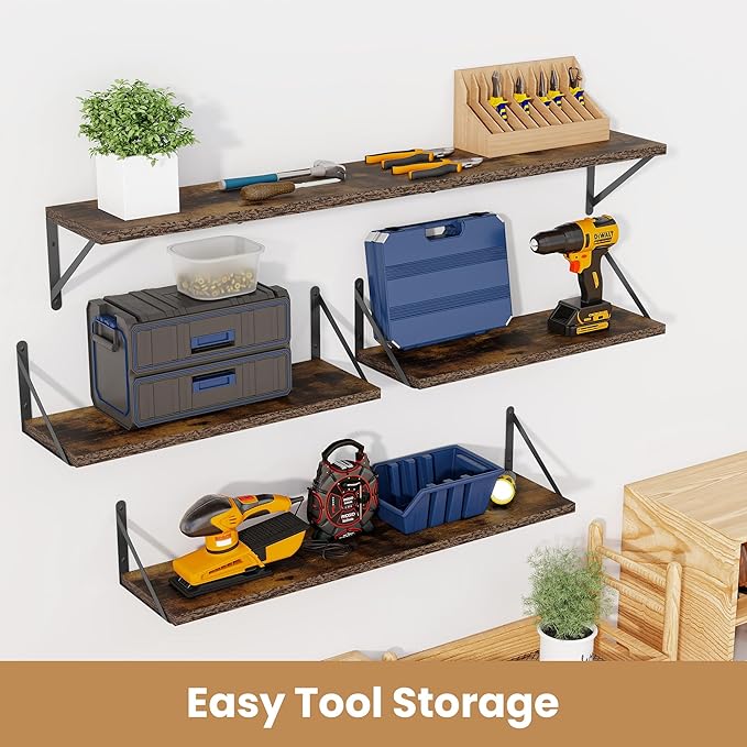 Heimlove 48 Inch Large Floating Bookshelves Set of 3,Rustic Brown Wood Wall Mounted Bookshelves,Heavy Duty Shelves for Living Room,Bedroom,Kitchen,Laundry Room Storage & Decor-Ruum Studio Home