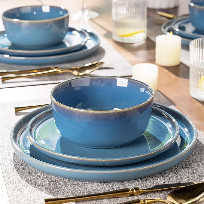 GBHOME Ceramic Dinnerware Sets for 4, 12 Pieces Stoneware Plates and Bowls Sets, Reactive Glaze Dishes -Scratch Resistant, Dishwasher&Microwave Safe-Alaskan Blue-Ruum Studio Home