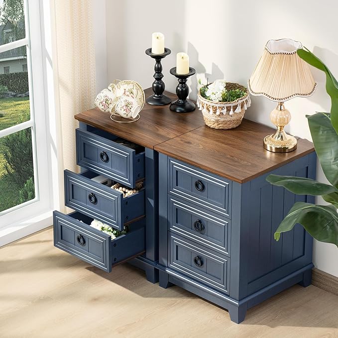 Night Stand Set of 2, Farmhouse 18" End Table with 3 Drawer Metal Handle, Dresser for Bedroom, Sofa Bed Side Table Chest of Drawers,Wood Nightstand Cabinet for Organizer, Living Room-Blue-Ruum Studio Home