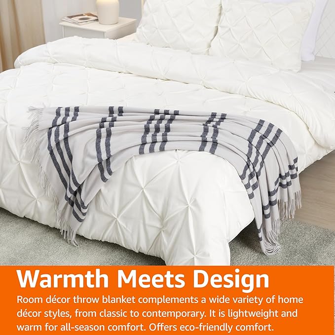 Amazon Basics Room Décor Throw Blanket, Lightweight and Cozy in Recycled Polyester, Light Grey With Blue Stripes, 50"x 60"-Ruum Studio Home