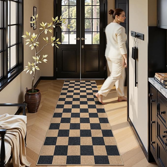 Lahome Checkered Easy Jute Runner Rug, 2x8 Kitchen Rug Non Slip Washable Outdoor Runner for Entryway Indoor, Checkerboard Black Indoor Outdoor Carpet for Hallway 8ft Entry-Ruum Studio Home