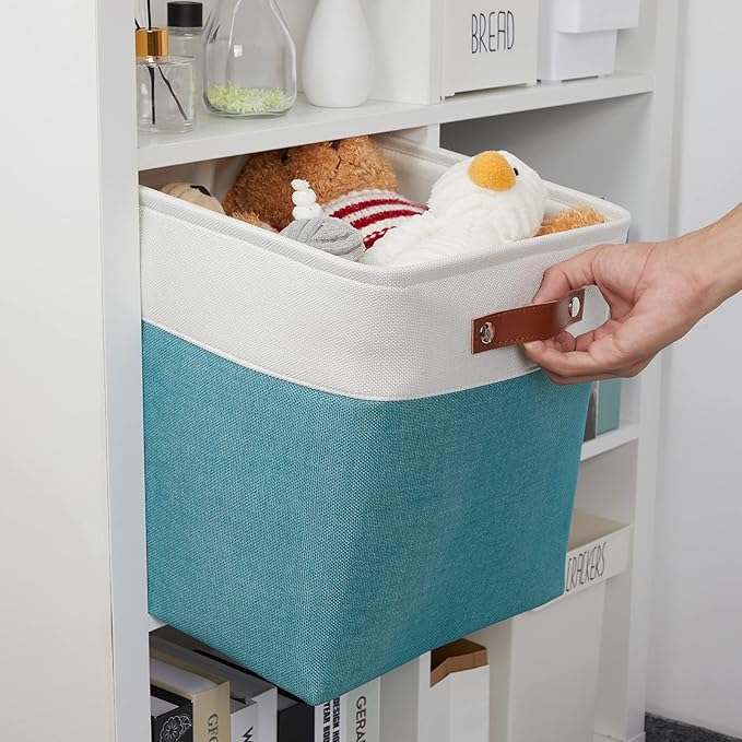 DULLEMELO Storage Bins for Organizing,Closet Storage Baskets for Gift Empty,Large Linen Canvas Storage Bins with Handles for Home Office Toys Shelves(White&Teal, 13 inch Cube)-Ruum Studio Home