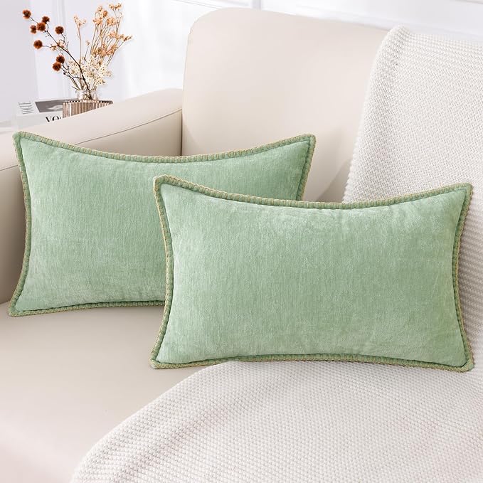 decorUhome Chenille Soft Throw Pillow Covers 12x20 Set of 2, Lumbar Velvet Farmhouse Neutral Decorative Euro Pillow Covers with Stitched Edge for Couch Sofa Bed Home Decor, Sage Green-Ruum Studio Home