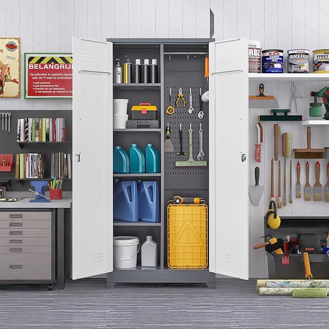 Garage Storage Cabinet,Broom Closet with Lock,Locking Cabinets with Hanging Rod & S-Hooks for School,Garage,Grey-White-Ruum Studio Home