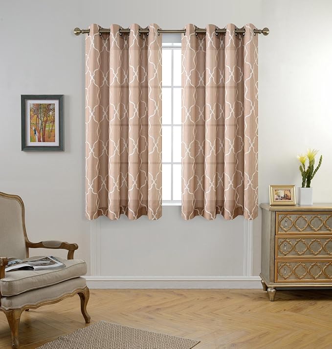MIUCO Moroccan Embroidered Semi Sheer Curtains Faux Linen Wide Width Grommet Curtains for Bedroom 52 x 63 Inch 2 Panels, Taupe-Ruum Studio Home