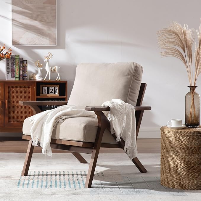 Wahson Mid Century Armchair, Accent Armchair, with Wood Frame and Canvas Cushions, Leisure Slipper Chair for Living Room/Bedroom, Beige-Ruum Studio Home