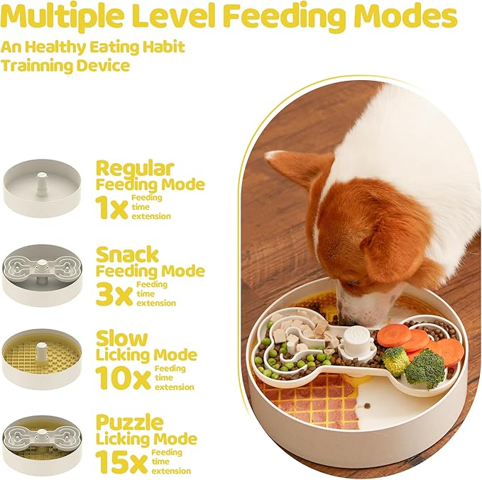 Slow Feeder Dog Bowl with Lick Mat and Puzzle Inserts - Non-Slip Base, Adjustable Speed Design, Dishwasher Safe for Large Dogs,Yellow-Ruum Studio Home