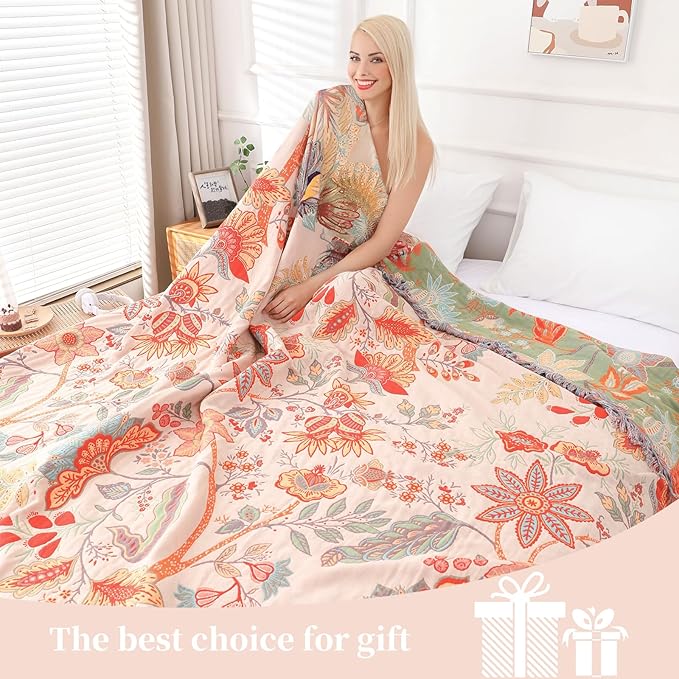 Boho Throw Blanket for Bed - 100% Pure Cotton Ultra Soft Rustic Quilt - Farmhouse Decor Bed Blankets, All Season Rustic Throw for Sofa Couch Chair(60''×80'', Floral)-Ruum Studio Home