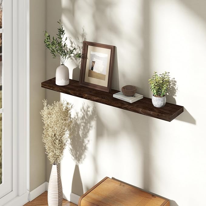 Fun Memories Rustic Elm Wood Floating Shelves for Wall, 48" Floating Shelf Wall Mounted, Long Floating Disply Shelf with Heavy-Duty Bracket for Living Room, Kitchen, Bathroom, Walnut Color, Set of 1-Ruum Studio Home