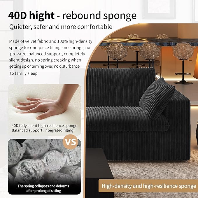 118" 3-Seater Cloud Sofa,Modular Sectional Couch,Modern Deep Seat Upholstered Couches with Plush Corduroy Fabric for Living Room Furniture,Bedroom and Apartment,No Assembly Required,Black-Ruum Studio Home