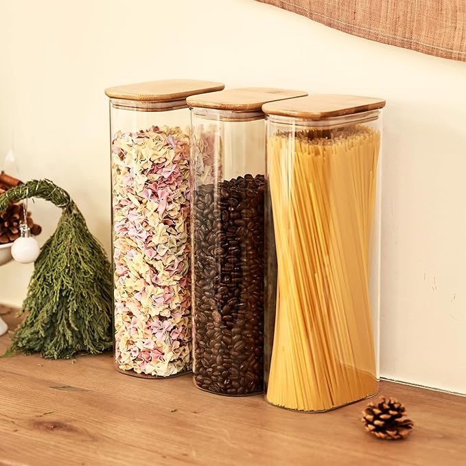 Liuruiyu Glass Storage Jars Set of 3, Clear Glass Food Storage Containers with Airtight Bamboo Lid Stackable Kitchen Canisters for Candy,Cookie,Rice,Sugar,Flour,Pasta(Flat)-Ruum Studio Home