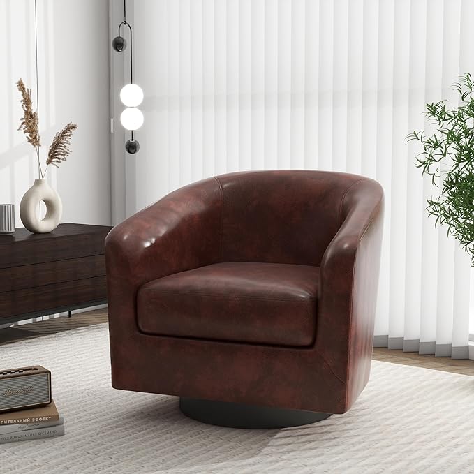 Swivel Barrel Accent Chair, Modern Round Faux Leather Arm Chair for Living Room, Bedroom, Comfy Club Reading Chairs for Adults(Faux Leather, Red Brown, Set of 1)-Ruum Studio Home