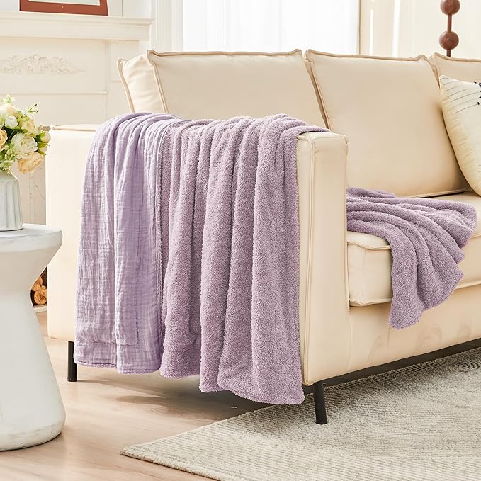 EMME Muslin and Fleece Twin Blanket Reversible - 60"*80" Lavender Soft Warm Throw Blankets for Couch Bed Picnic Travel Bed-Ruum Studio Home