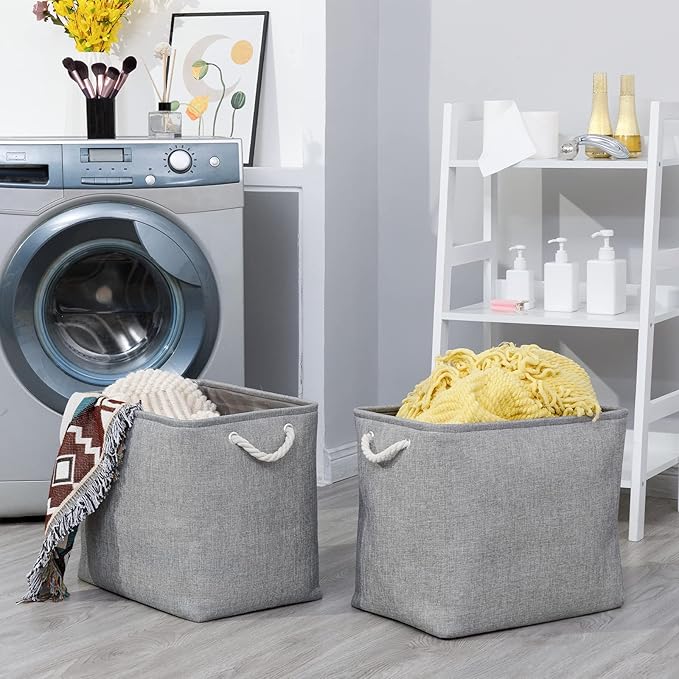 Bidtakay Collapsible Storage Bins for Clothes Large Grey Storage Baskets with Cotton Handles 17x12x15 In Set of 2 Fabric Cubby Storage Bins Livingroom Home Decorative Storage Organizer for Blankets-Ruum Studio Home