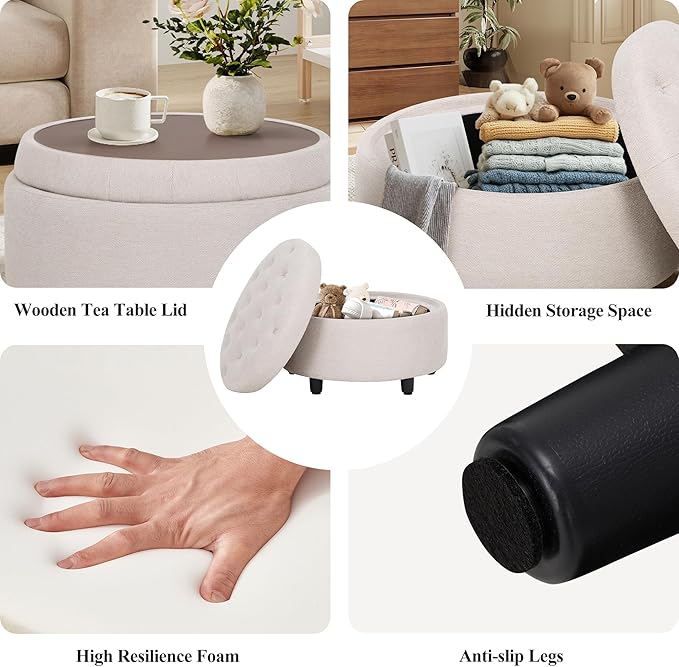 COLAMY Fabric Round Storage Ottoman with Reversible Tray Lid – Multi-Functional Footrest, Hidden Storage, Sturdy & Stylish Small Coffee Table for Living Room, Bedroom, or Entryway(Beige)-Ruum Studio Home