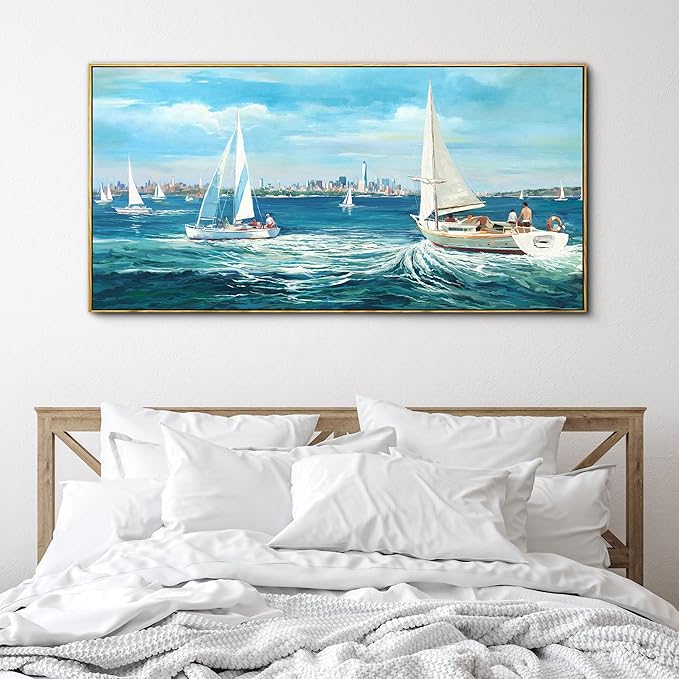 XLSJERST Blue Canvas Wall Art Seascape Painting - Landscape Picture Textured Navy Modern Sailboat Ocean Artwork Framed for Living Room Bedroom Bathroom Home Office Wall Decor Large Size 20"x40"-Ruum Studio Home