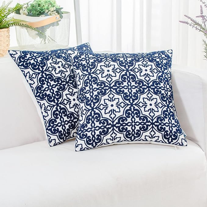 HWY 50 Navy Blue Decorative Throw Pillow Covers 18x18 Inch, Pack of 2 Embroidered Cotton Farmhouse Cushion Cover Pillow Case for Sofa Couch Living Room Bed Bedroon, Modern Pattern-Ruum Studio Home