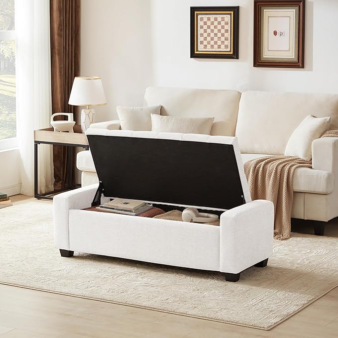 48" Ottoman with Storage, White Storage Ottoman Bench with Safety Hinge, Upholstered Entryway Bench with Seating for Bedroom, Living Room, Holds up to 330 lb-Ruum Studio Home