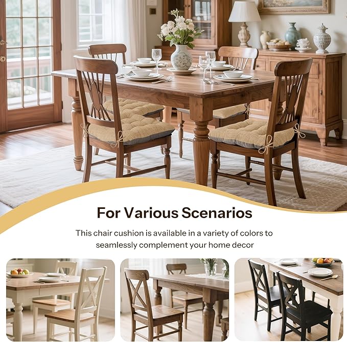 Non Slip Chair Cushions for Dining Chairs Set of 4 Kitchen Chair Cushions 18"x18"x3" Turfted Chair Pads Comfortable and Soft Seat Cushion with Ties, Cappuccino-Ruum Studio Home