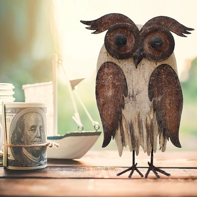 E-View Rustic Owl Figurine - Wood & Iron - Collectible - Home Decor - Brown-Ruum Studio Home