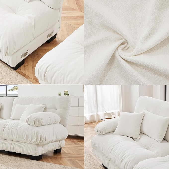 Loveseat Modular Sectional Sofa, U Shaped Couch with Ottoman, Cloud Couch Sectional Couch Home Sofa Living Room Oversized Couch Deep Seat Couch with Round Bolster Armrests 4 Pillows(White)-Ruum Studio Home