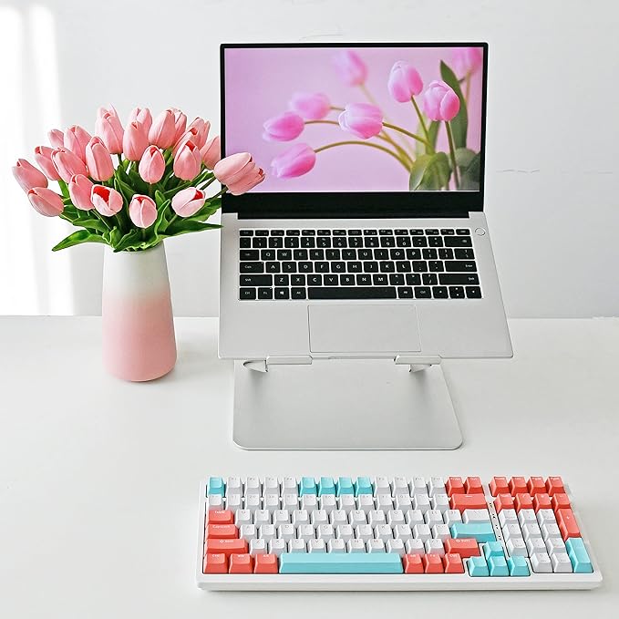 Mandy's Artificial Tulips 28 Stems Light Pink with Gradient Pink Vase PU Faux Flowers for Wedding Home Decor 13.5 Inch-Ruum Studio Home
