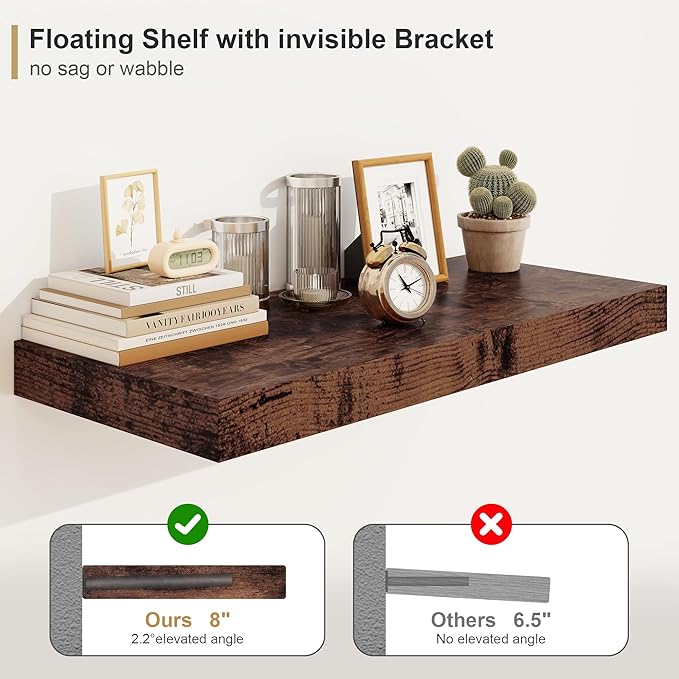 12" Deep Rustic Brown Floating Shelves,Over Toilet Long Wall Mounted Modern Farmhouse 36 inches,Wall Shelves with Invisible Brackets for Bedroom, Bathroom, Living Room, Kitchen, Set of 1-Ruum Studio Home