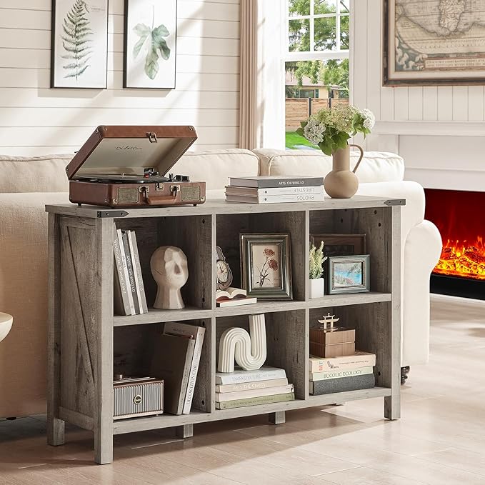 Farmhouse 6 Cube Bookshelf, Rustic Grey Oak Wooden Storage Organizer Book Shelf, 47 Inch Cubby Hallway Bookcase, Kids Toy Storage Cabinet, Modern Open Book Case for Living Room, Hallway-Ruum Studio Home