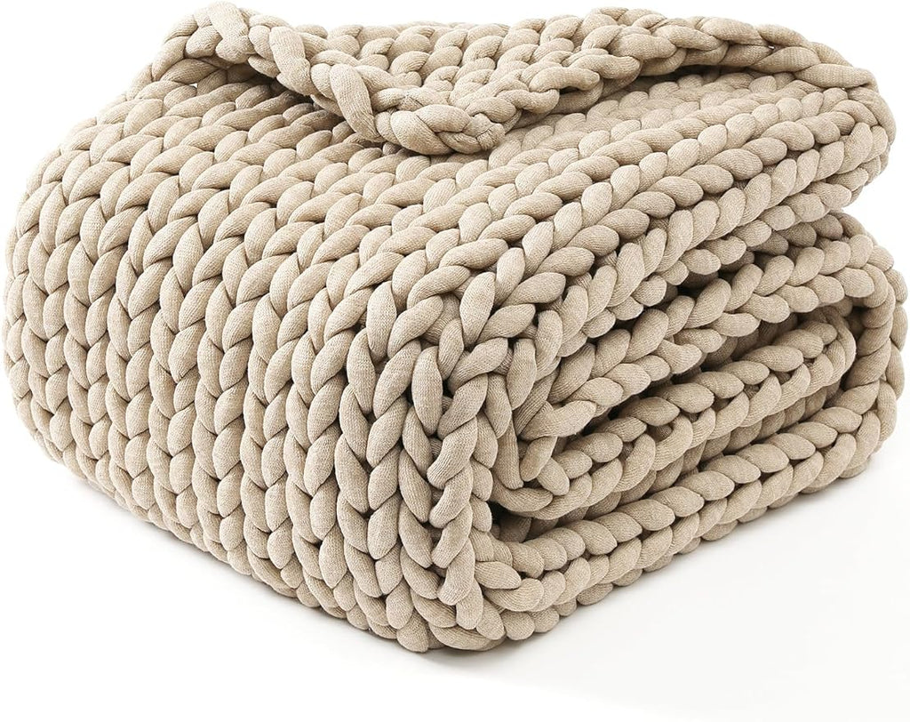 YnM Chunky Throw Blanket, Medium-Weight, Hand Knitted, Skin Friendly, Ventilated and Breathable, Machine Washable, Home Décor Piece for Couch, Sofa and Bed (Beige, 40x50 Inch)-Ruum Studio Home