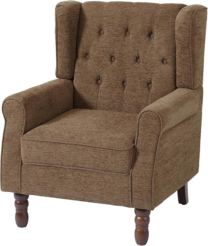 UIXE High Back Accent Chairs Set of 2, Upholstered Armchair in Fabric, Retro Wingback Arm Chair for Living Room, Comfy Single Sofa Bedroom Reading Seat with Solid Wood Legs - Brown-Ruum Studio Home