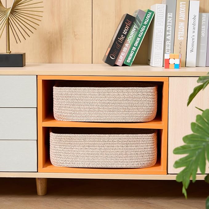 Large Shallow Organizing Baskets 15x11x5.1 Inches - Rope Woven Storage Bins for Bathroom, Shelves, Cube Closet, Mixed Brown 2 Packs-Ruum Studio Home