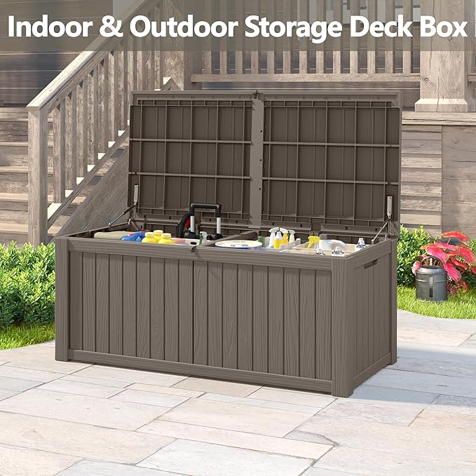 150 Gallon Resin Deck Box, Large Indoor and Outdoor Storage Box, Weatherproof and UV Resistant Outdoor Storage Box with Built-in Steel Beams for Patio, Cushions, Pool Supplies-Ruum Studio Home