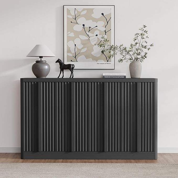 Fluted Buffet Cabinet with Storage, 60" Sideboard Buffet Storage Cabinet with 4 Doors & Adjustable Shelves, Wood Coffee Bar Credenza Accent Cabinet for Kitchen, Dining Room, Living Room, Black(1PCS)-Ruum Studio Home