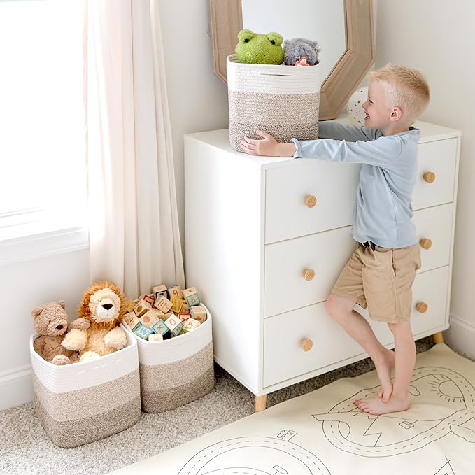 NaturalCozy Storage Cubes 11 Inch Cotton Rope Woven Baskets for Organizing, 3-Pack | Cube Storage Bin | Square Storage Baskets for Shelves Organizer, Classroom, Kids Toy Bins, Closet, Baby Nursery-Ruum Studio Home