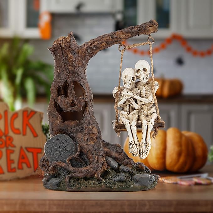 Halloween Skull Statue with Spooky LED Light for Holiday Decorations, Halloween Decor with Romantic Skeleton Couple on Swing Tombstone Tree, Grinning Skull Decor Props Haunted Collectible Gift-Ruum Studio Home