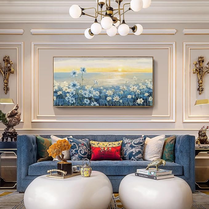 Large Wall Art for Living Room Modern Framed Coastal Beachy Canvas Wall Art Big Floral Sunrise Blue Wall Picture Oversized Lake Nature Sunset Artwork for Office Bedroom Decor-Ruum Studio Home