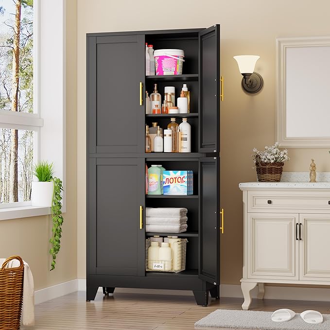 75.2" Tall Metal Pantry Cabinet, Storage Cabinets with 4 Door and 4 Adjustable Shelves, Black Kitchen Pantry Storage Cabinet, Freestanding Cupboard for Kitchen Dining Room Living Room Bathroom-Ruum Studio Home