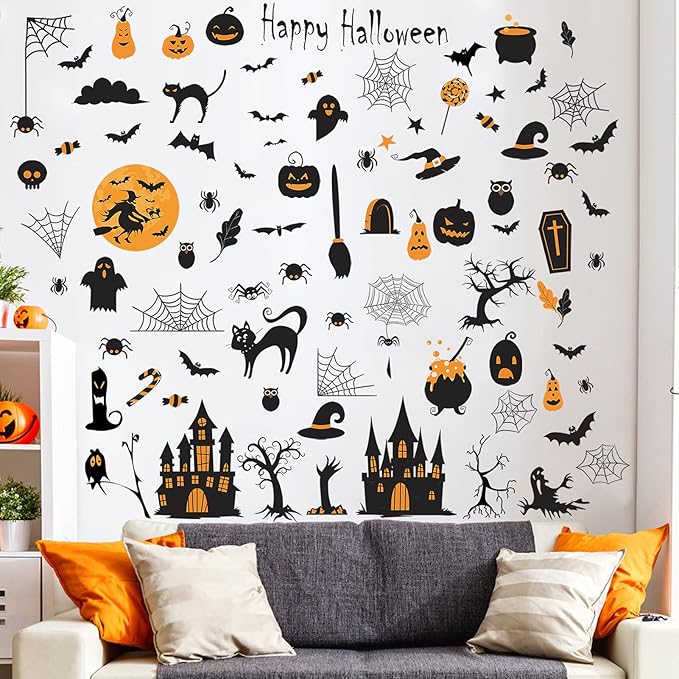 84 PCS Window Clings - Halloween Wall Stickers for Living Room, Pumpkins, Castles, Bats, Cats, Vampire, Witch Stickers, Household Decorative Murals, Party Supplies-Ruum Studio Home