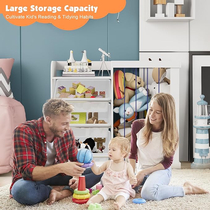 Kids Toy Storage Organizer with 3 Removable Plastic Bins Toddler Montessori Bookshelf with Stuffed Animal Net Holder Baby Bookcase Plush Organizer for Playroom,Bedroom,Kids Room,Classroom,Nursery-Ruum Studio Home