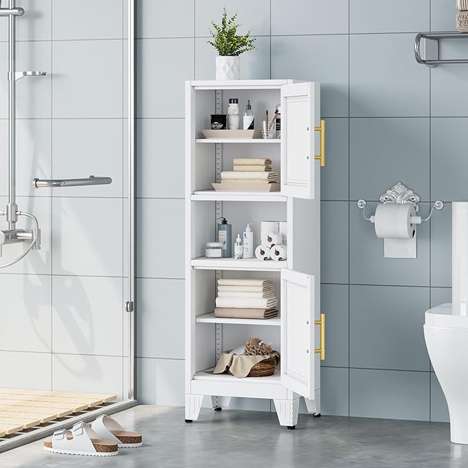 47.24" H Metal Narrow Bathroom Storage Cabinet Pantry Storage Cabinet, 2 Adjustable Shelves for Kitchen, Home Office, Living Room, Dinning Room (White)-Ruum Studio Home