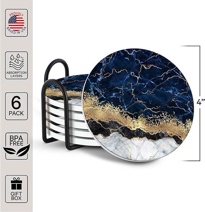 Emerson Coasters for Drinks Absorbent Set of 6 with Holder – Marble Style Coasters – Coasters for Drinks – Drink Coasters for Coffee Table – 100% Ceramic Stone Non Slip – Heavy Duty (Ripple)-Ruum Studio Home